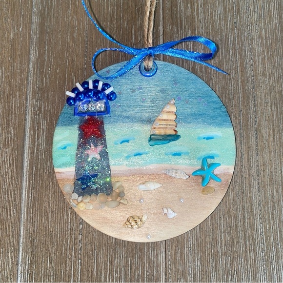 Coastal Lighthouse Holiday Ornament - Blue and Red - Picture 5 of 12